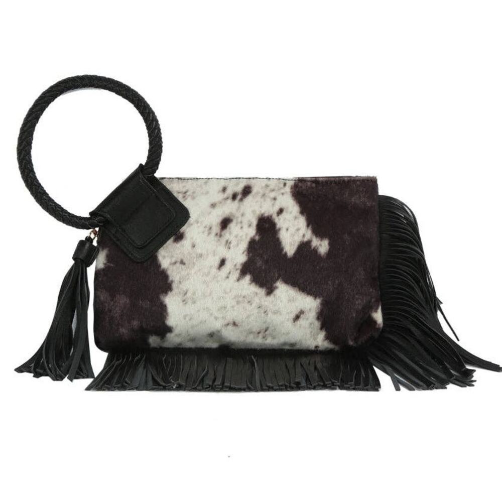 Black Western Fringe Vegan Cowhide Ring Clutch | Boho Tassel Clutch Bag